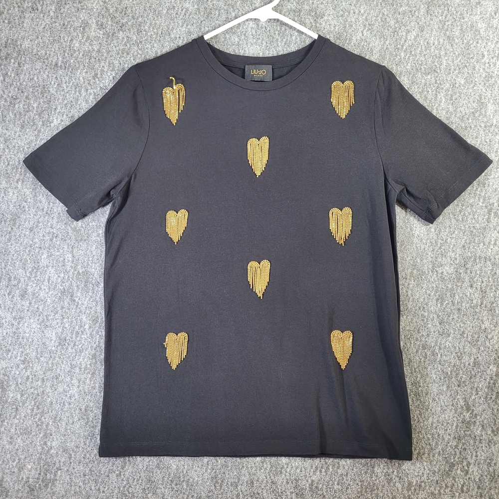 Liu Jo Black T Shirt with Gold Heart Embellishments  Women’s Designer Tee Size 6